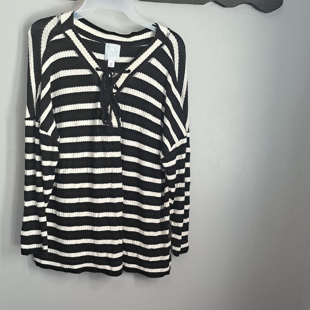 Sunday Waffle Knit Black and White Long Sleeve Tie Front Blouse Sz 2X